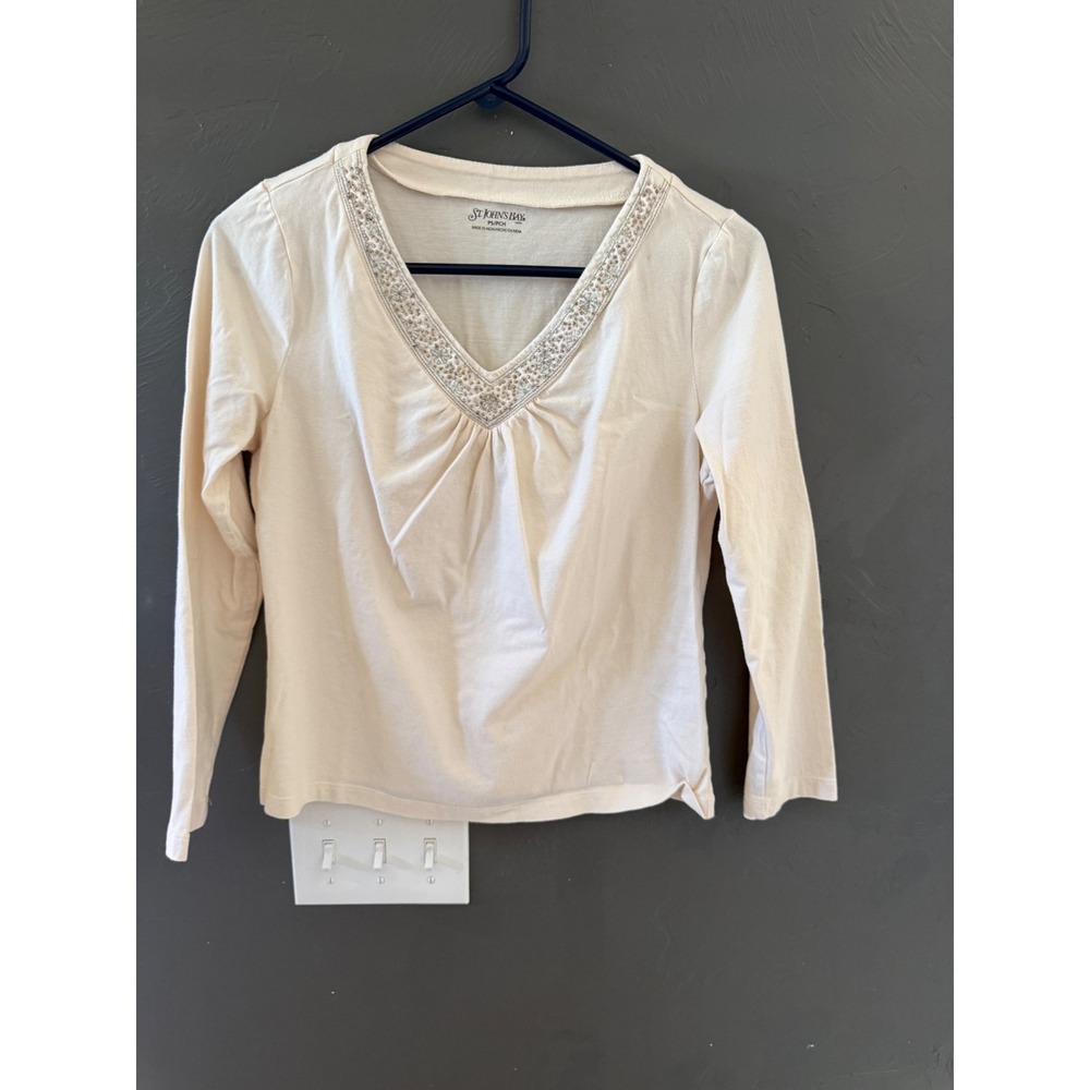 St Johns Bay Y2k Cream Beaded Sequin V-Neck Long Sleeve Cotton Top PS Petite S‎